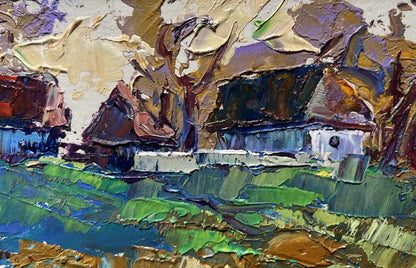 Vibrant impressionist oil painting Sunset behind the houses by Oleksiy Ivanyuk