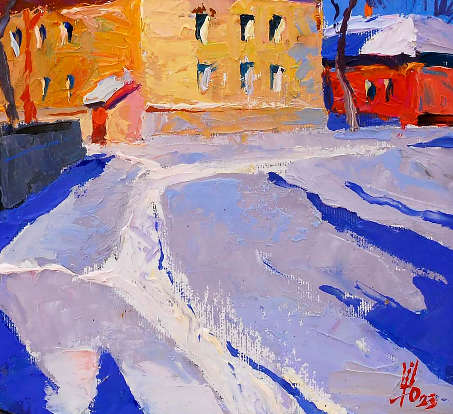 Vibrant impressionist oil painting It was snowing by Egor Shvachunov snowy street