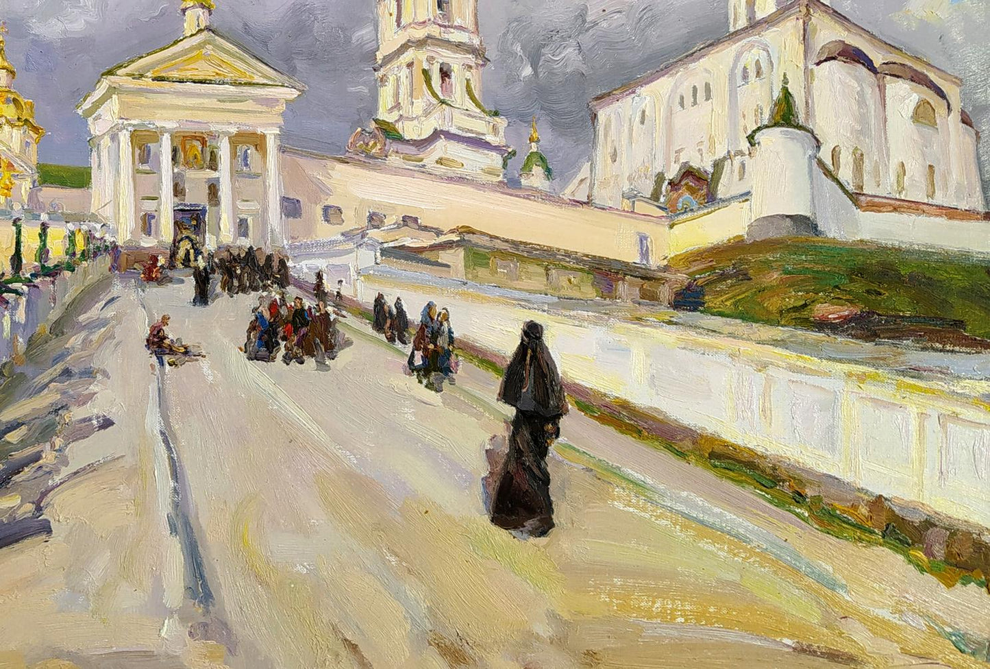 Oil painting of white stone cathedral with golden domes by Leonid Pavlenko