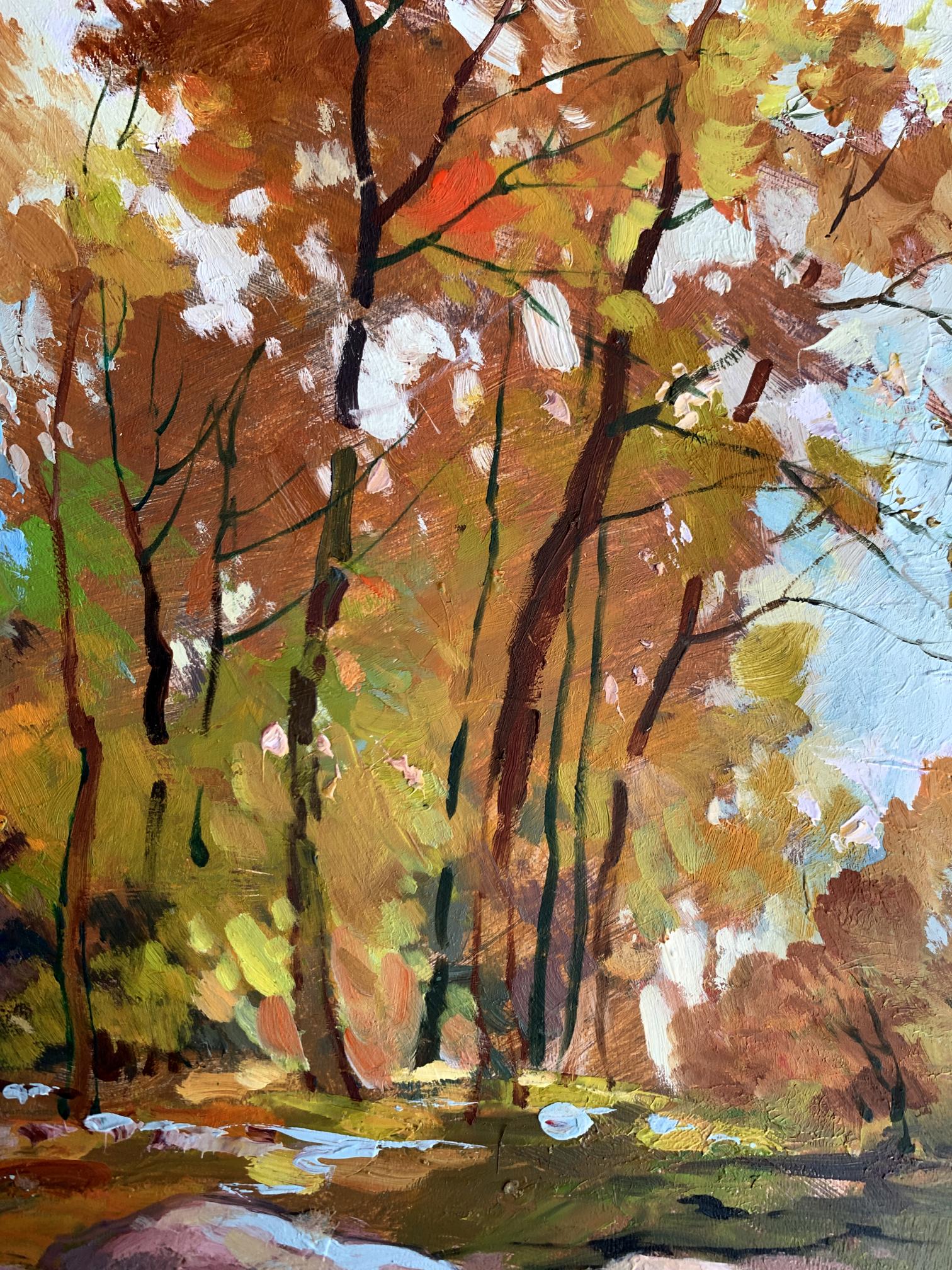 Oil painting Fallen leaves by Yuriy Suprunchuk: autumn forest in warm textured hues