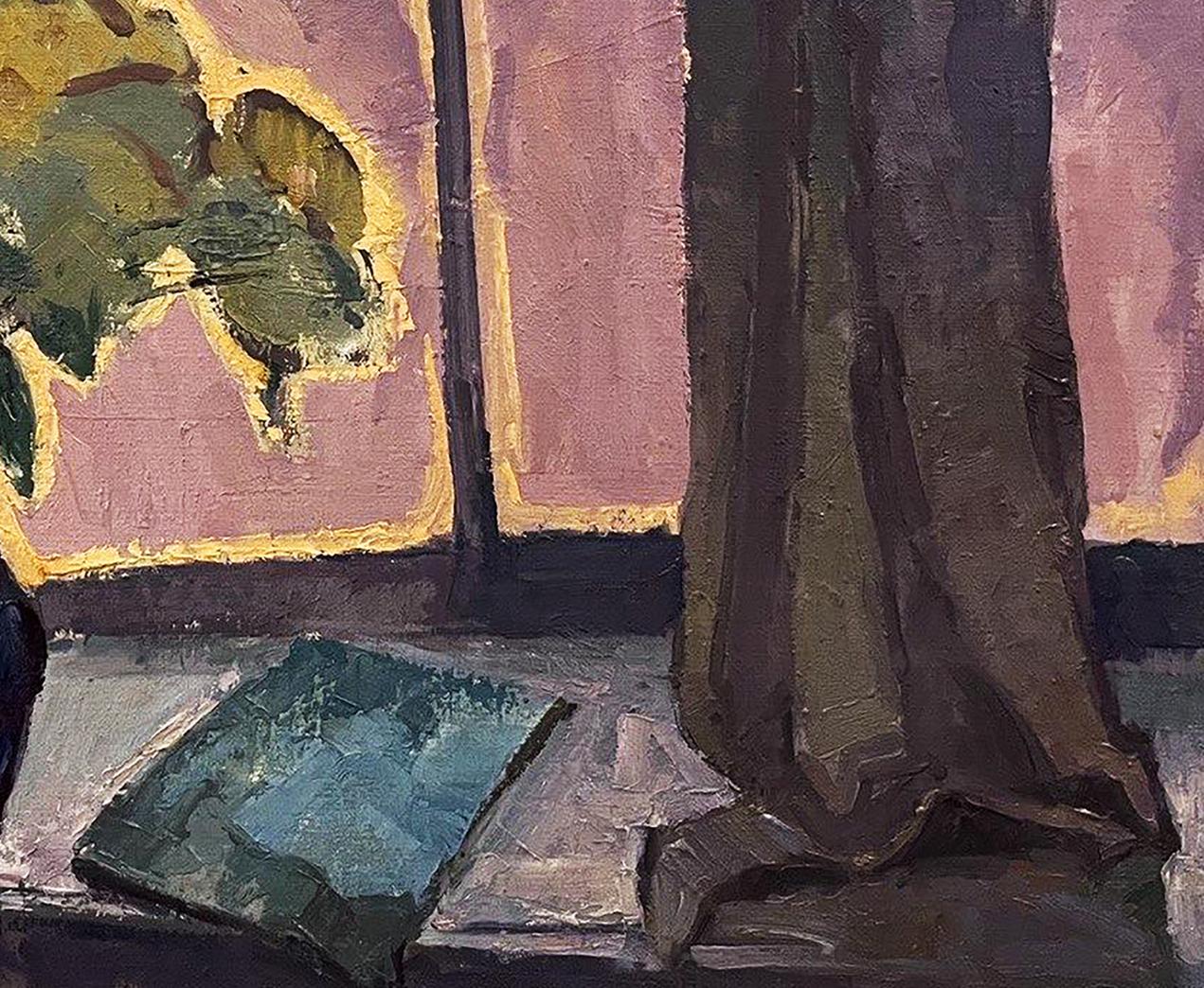 Textured teal book by Oleksandr Andreev Autumn melancholy oil painting beside draped fabric