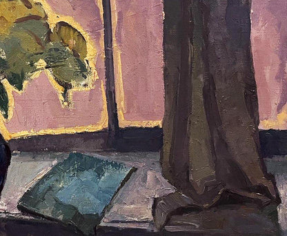 Textured teal book by Oleksandr Andreev Autumn melancholy oil painting beside draped fabric