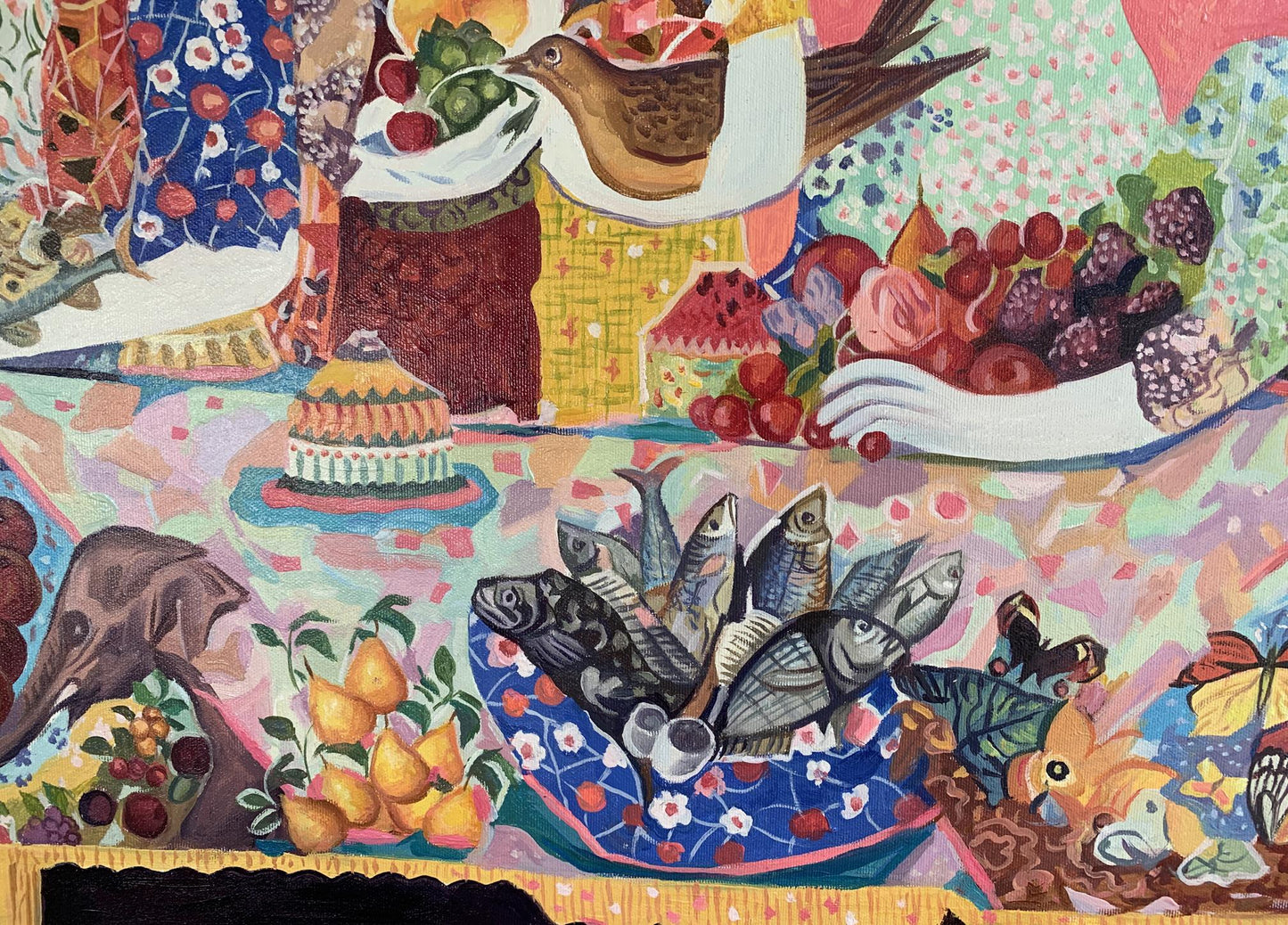 Vibrant oil painting Girls at the table by V. Konotopsky, colorful fruits and fish still life