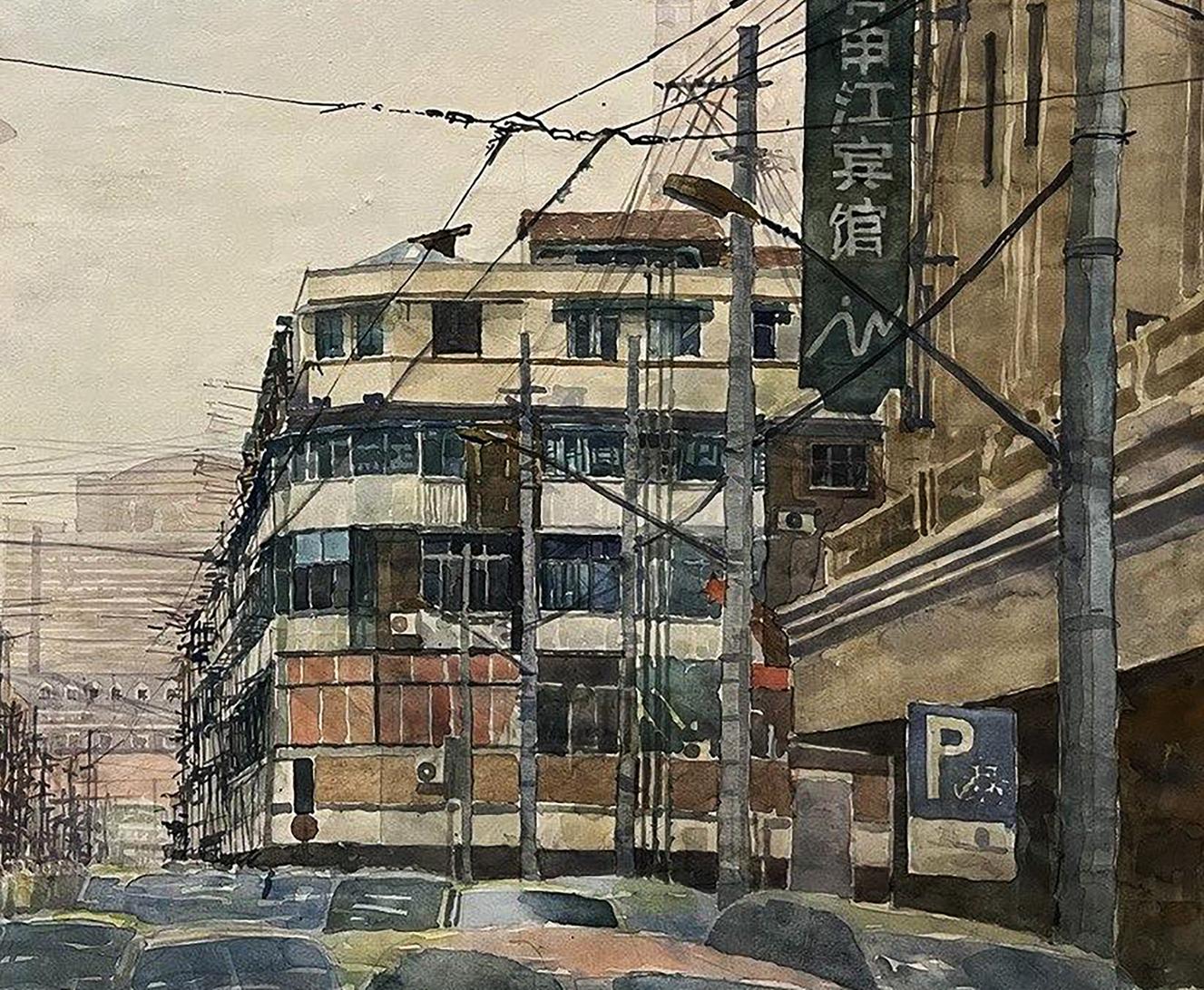 Watercolor painting of Shanghai building by Serhiy Kovalev