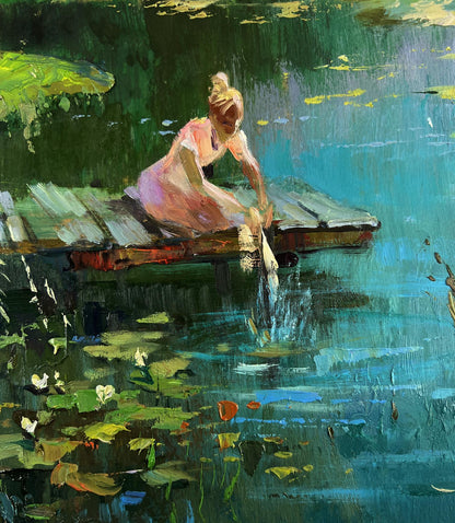 Oil painting by Yuriy Suprunchuk: girl in pink dress washes at pond on dock