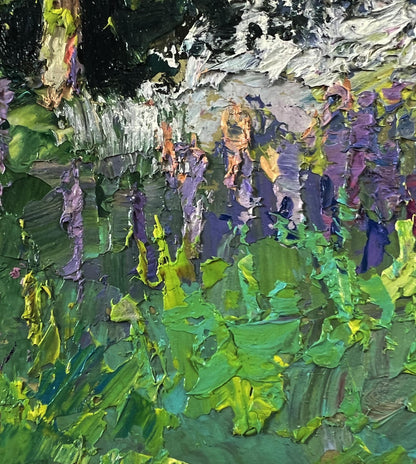Oil painting The scent of summer forest by Boris Serdyuk with green foliage and purple flowers