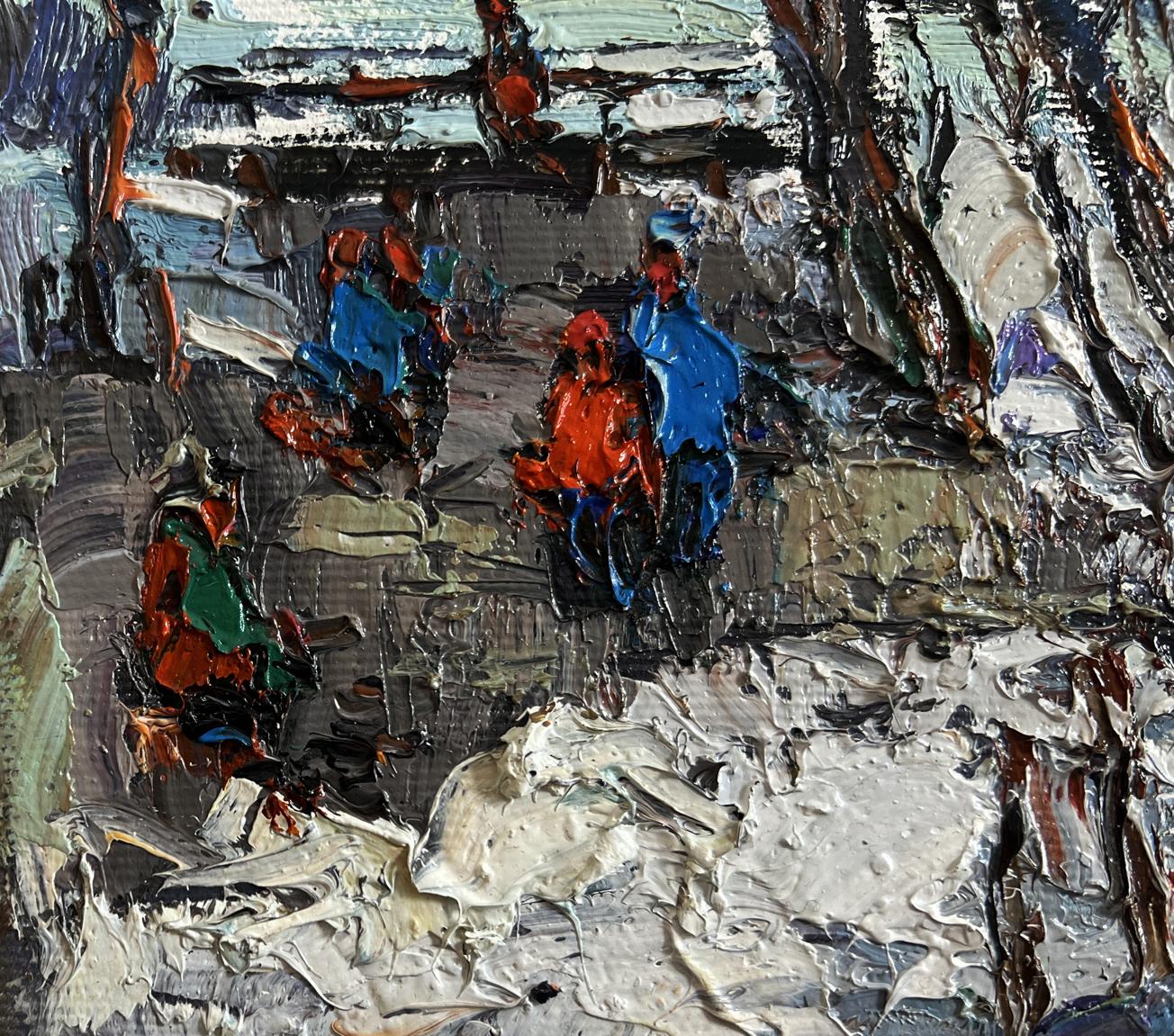 Oil painting First winter ice Oksana Ivanyuk abstract expressionist textured reds blues grays
