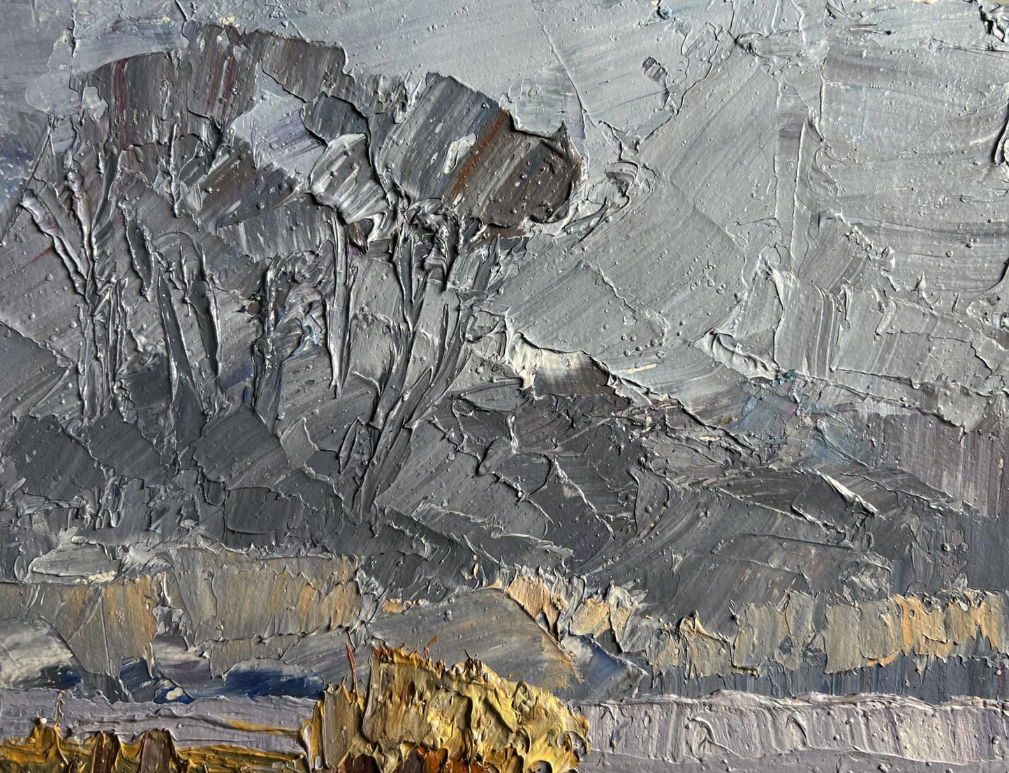 Oil painting Morning Frosts by Boris Serdyuk, textured gray landscape