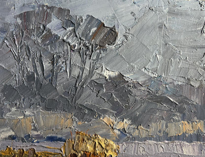 Oil painting Morning Frosts by Boris Serdyuk, textured gray landscape