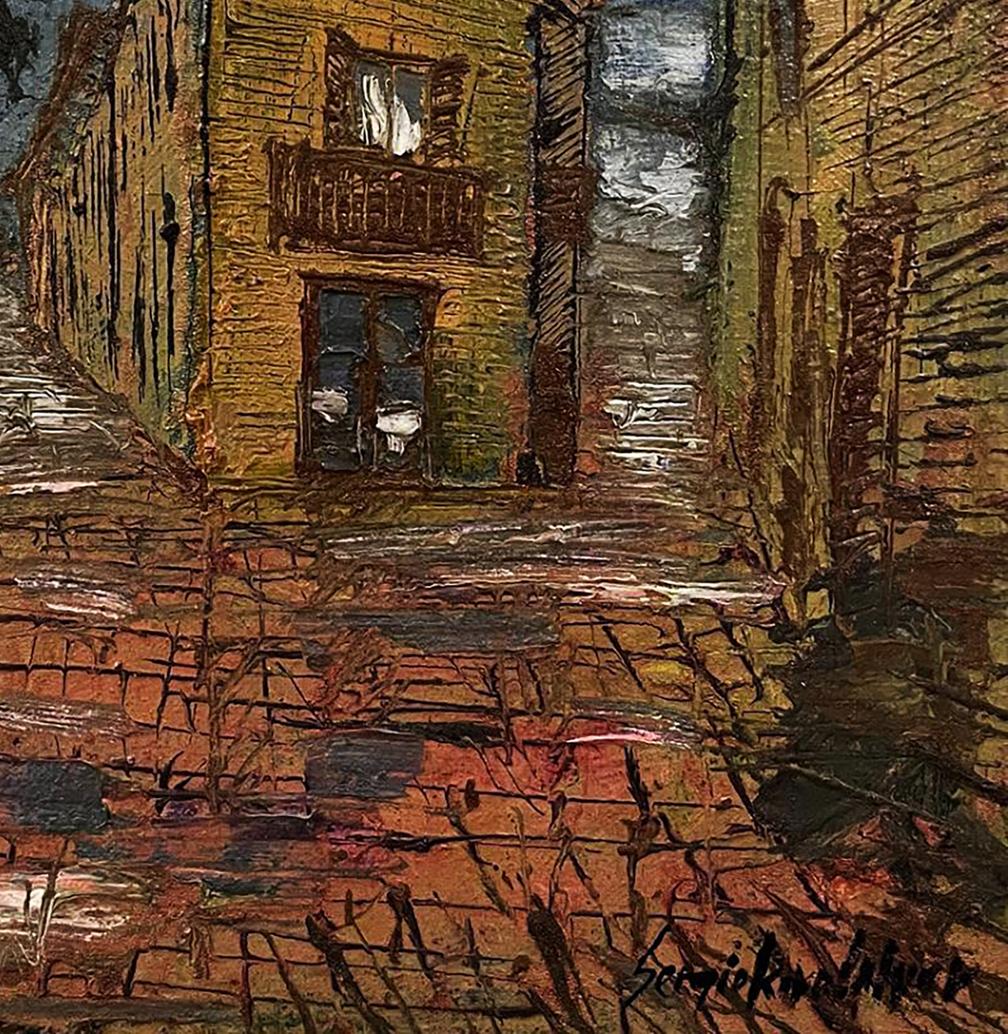 Oil painting of urban slums by Serhiy Kovalev: textured yellow brick building
