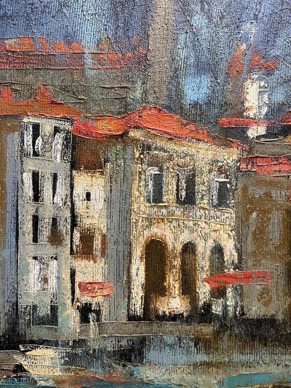 Textured oil painting of rainy European cityscape by Serhiy Kovalev
