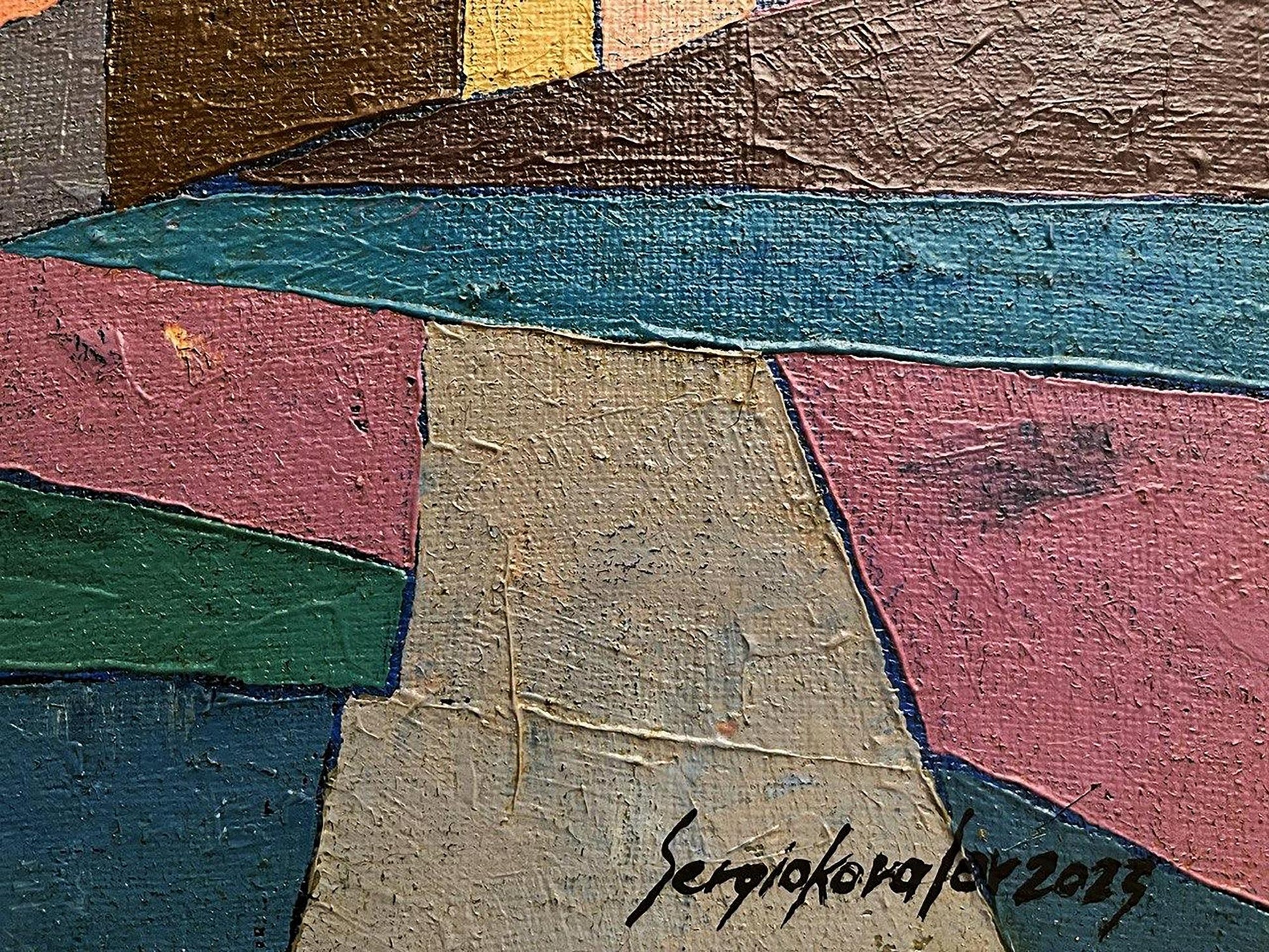 Abstract oil painting Walking the Streets by Serhiy Kovalev in teal pink brown green beige