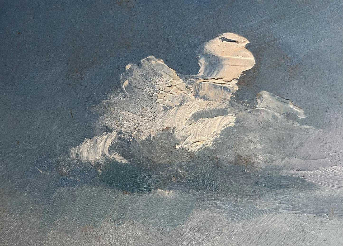Textured off-white paint swatch with brushstrokes on blue-gray canvas in Yuriy Suprunchuk oil painting Boats at the lighthouse