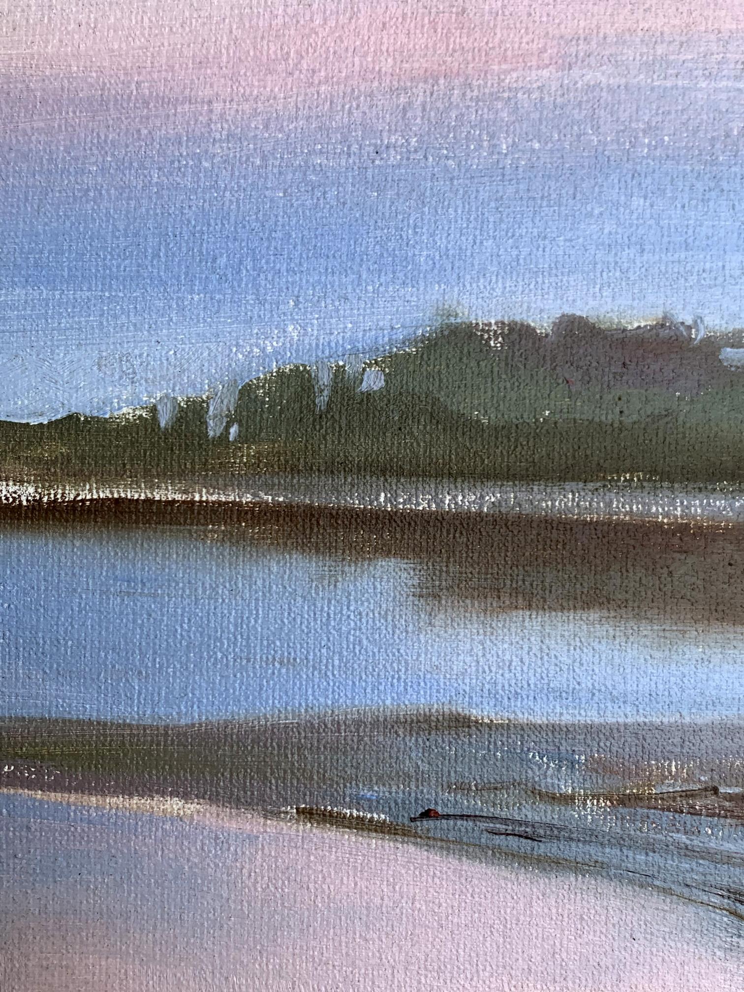 Serene watercolor landscape of flooded river bank by Tatyana Derdey