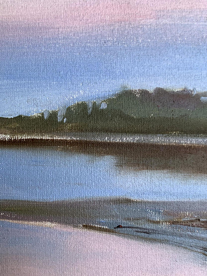 Serene watercolor landscape of flooded river bank by Tatyana Derdey