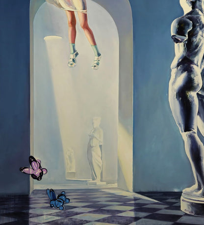 Surreal oil painting Flight of Meletus by Igor Konovalov: floating legs in sandals and teal socks above arched doorway