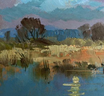 Textured oil painting of serene field near lake by Yuriy Suprunchuk
