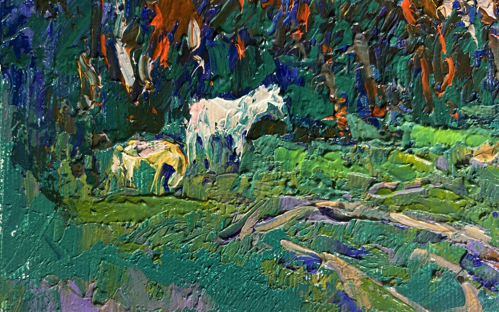 Oil painting of white horse in yellow sunset behind tree branches by Oleksiy Ivanyuk