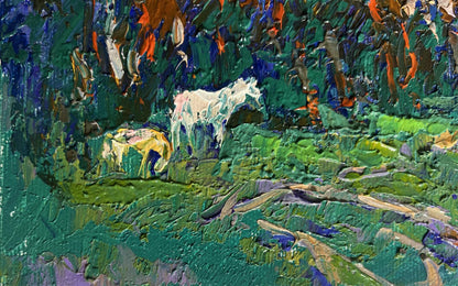 Oil painting of white horse in yellow sunset behind tree branches by Oleksiy Ivanyuk