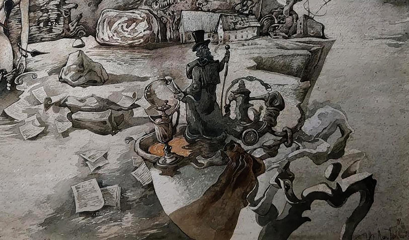 Watercolor painting of dark top-hatted steampunk figure on gears by Yuriy Laptev