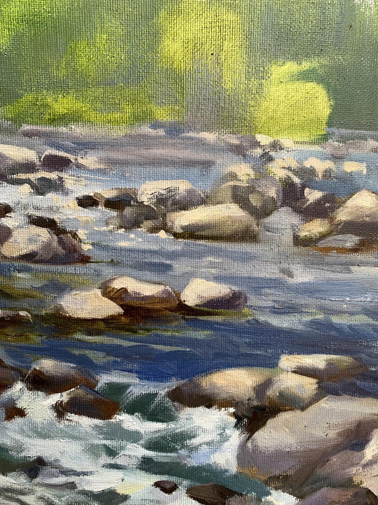Oil painting Threshold to a dream by Tatyana Derdey: flowing river with rocks
