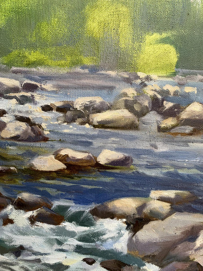 Oil painting Threshold to a dream by Tatyana Derdey: flowing river with rocks