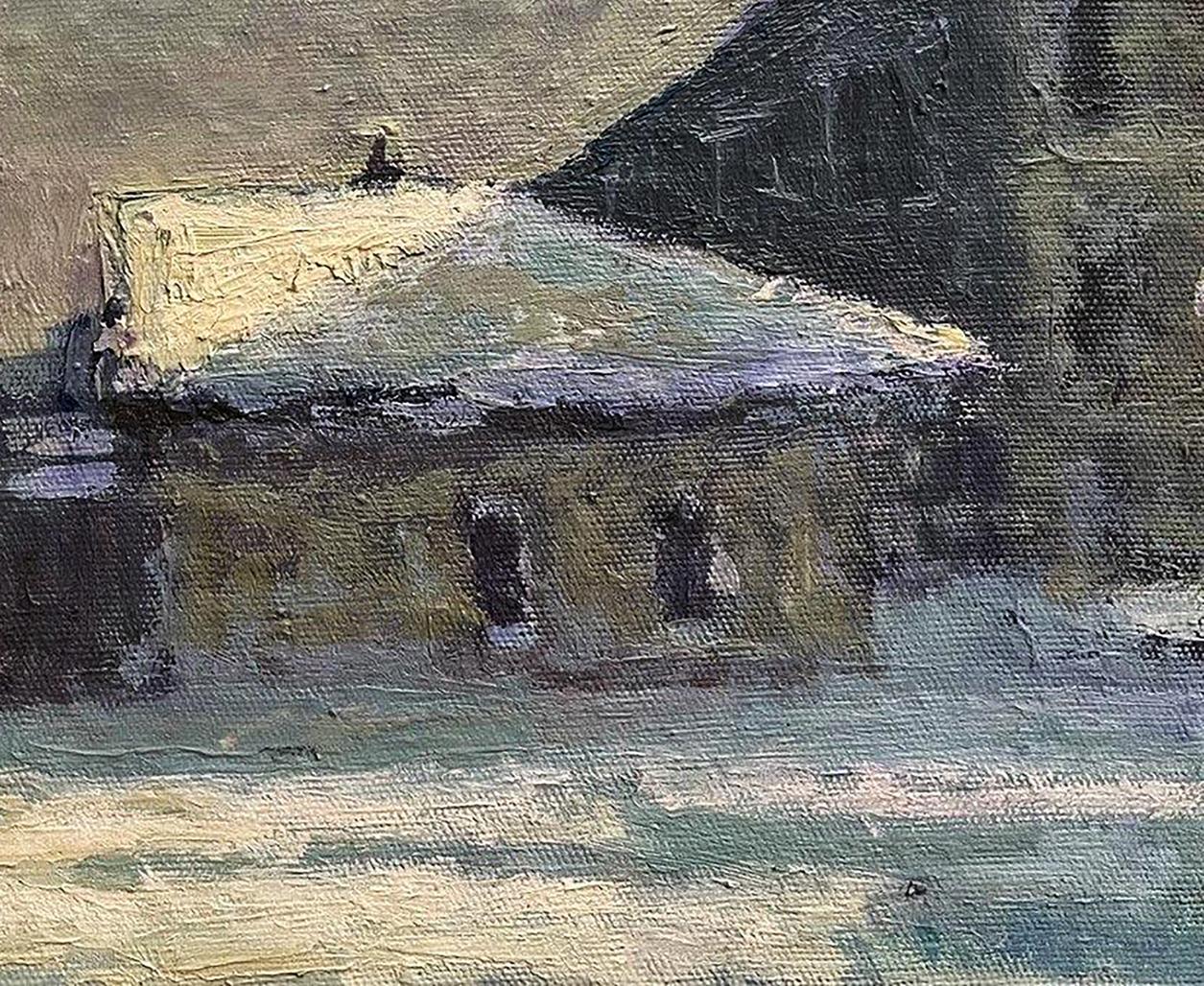 Oil painting Winter walk by Volodymyr Pashchenko rustic snowy stone building
