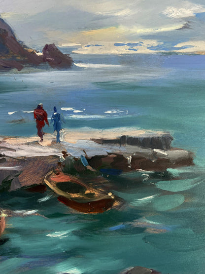 Oil painting Bridge to the sea by Yuriy Suprunchuk: weathered rowboat in turquoise water