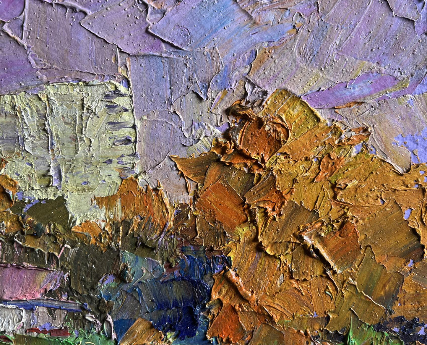 Oil painting Overlooking the city by Boris Serdyuk textured impasto purple gold green blue