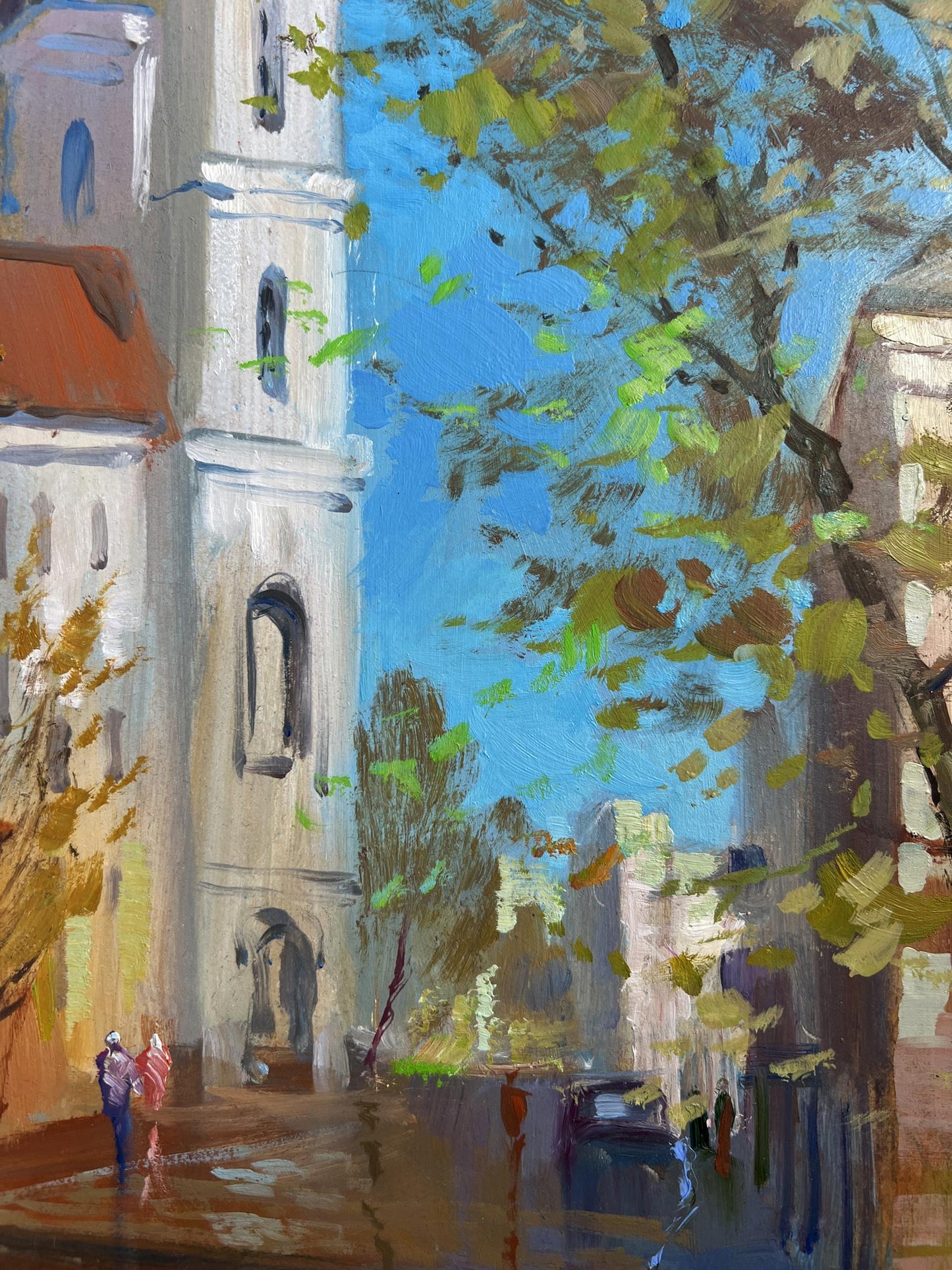 Oil painting of tall white church tower by Yuriy Suprunchuk