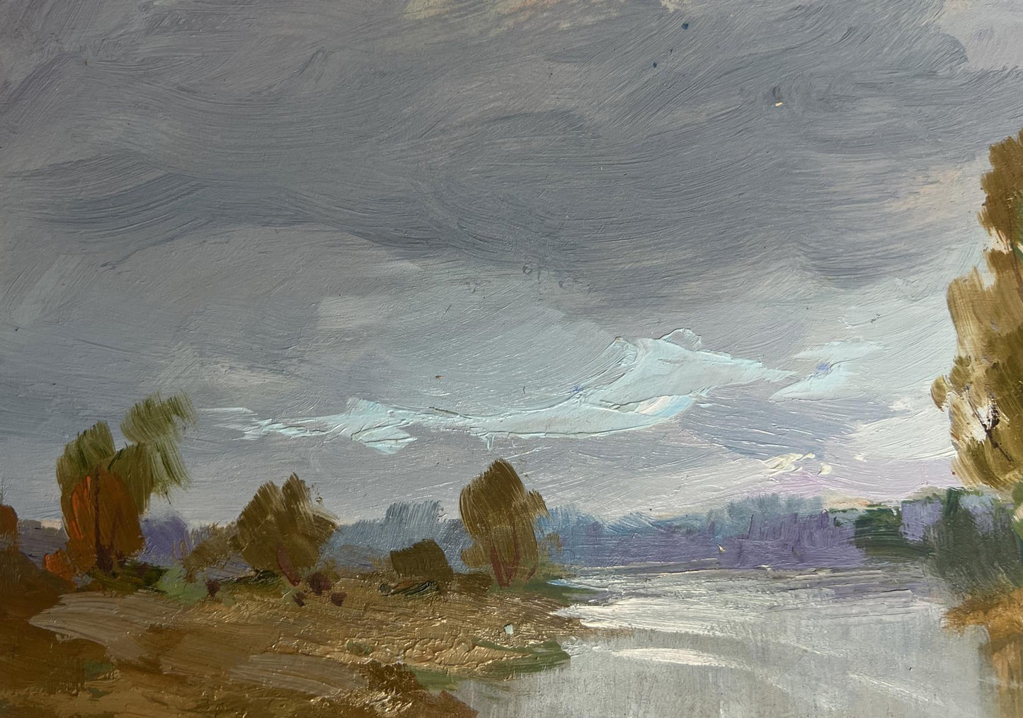 Textured oil painting of ferry on long river by Yuriy Suprunchuk