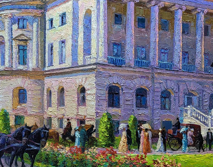 Oil painting of grand pastel estate outside city by Boris Serdyuk