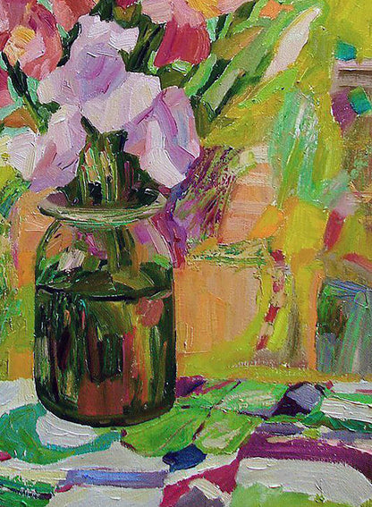 Oil painting Spring bouquet Tatyana Shulyak with pink purple flowers in green jar