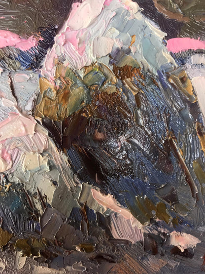 Moonlit frosty night oil painting by Oksana Ivanyuk in blue, pink tones