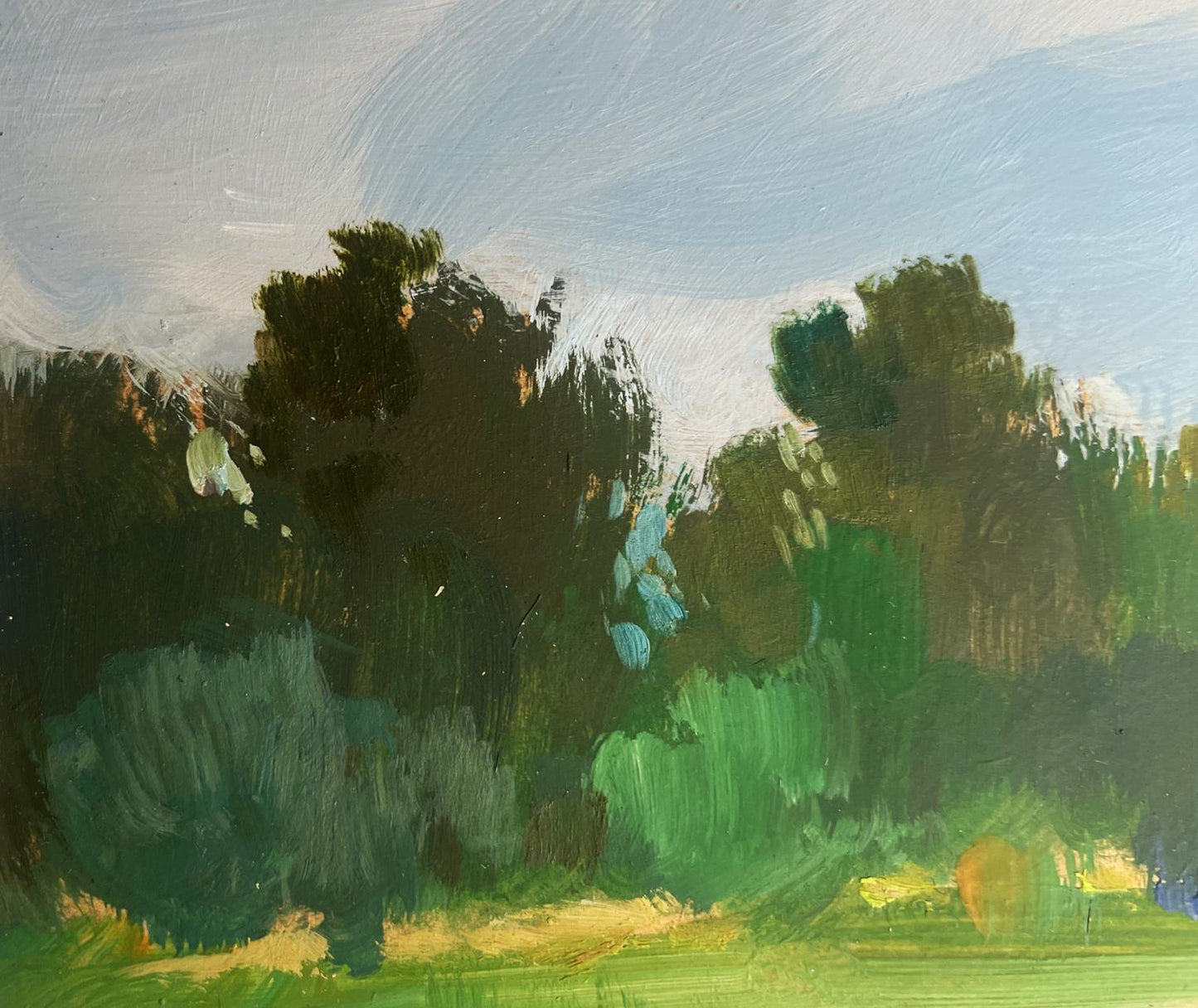 Textured oil painting of emerald forest in warm fishing weather by Yuriy Suprunchuk