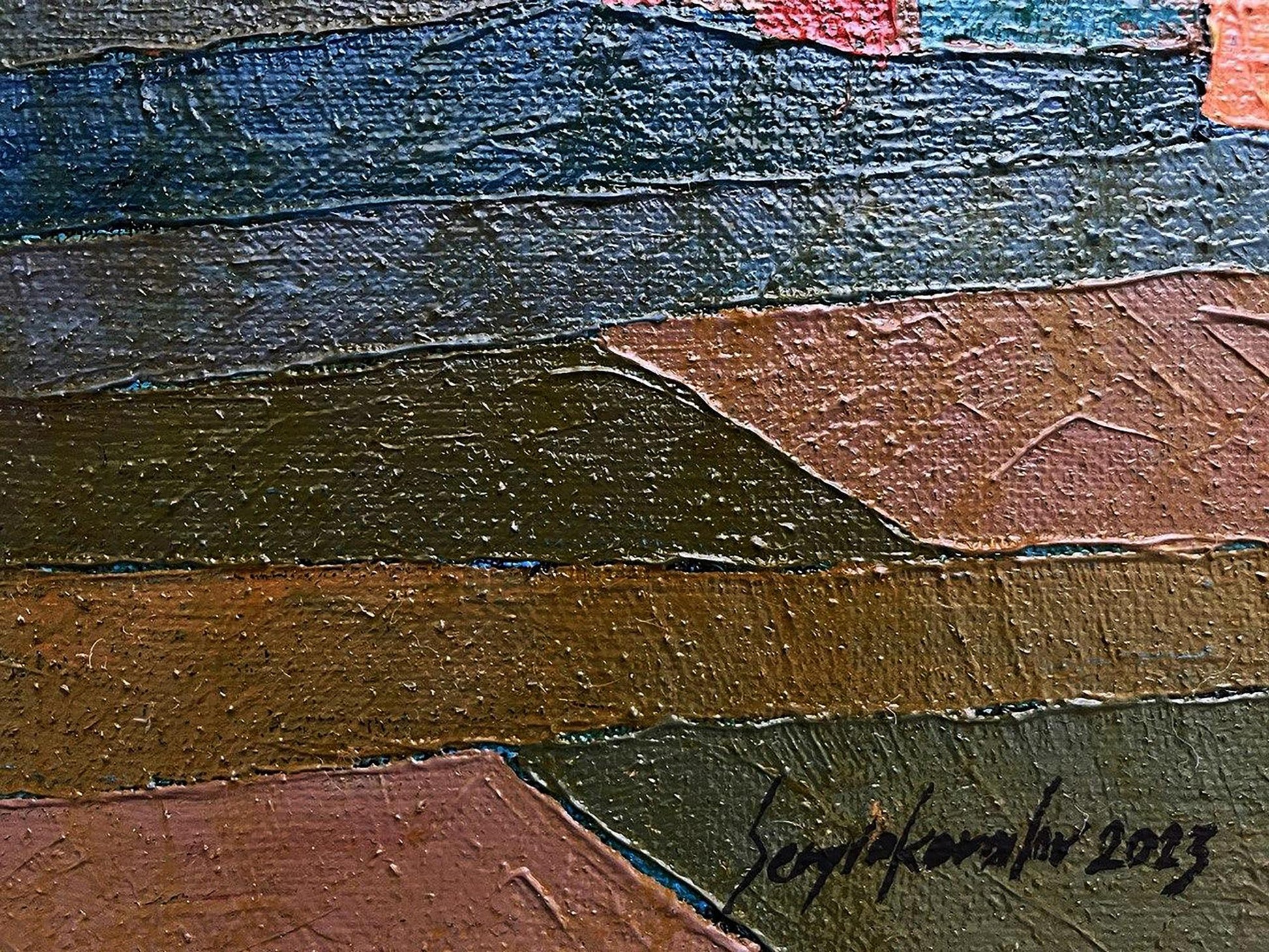 Abstract oil painting Old houses by Serhiy Kovalev in blue brown terracotta