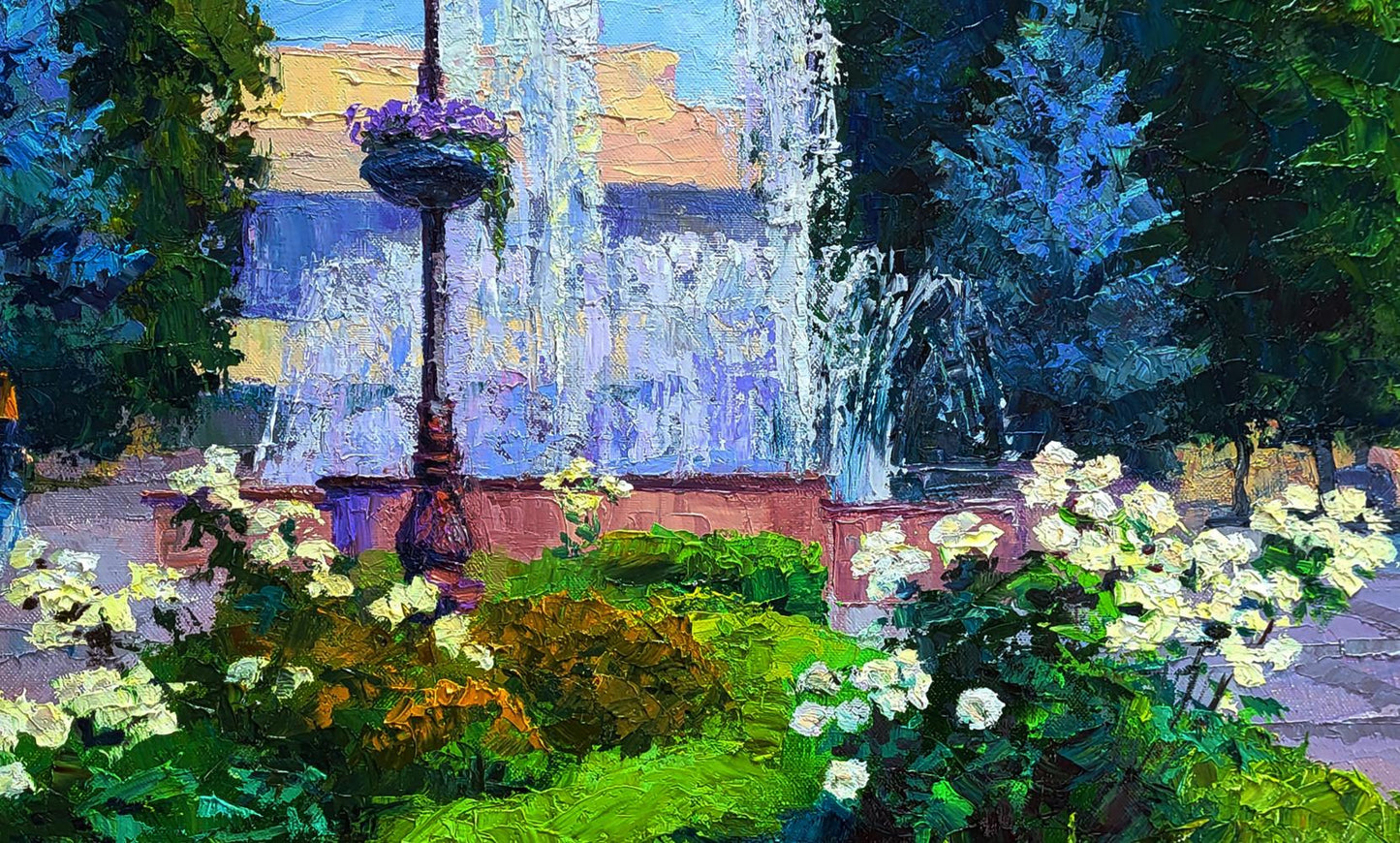 Vibrant impressionistic oil painting of city square fountains by Boris Serdyuk