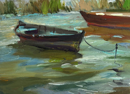 Oil painting of dark red wooden rowboat moored in calm water by Yuriy Suprunchuk