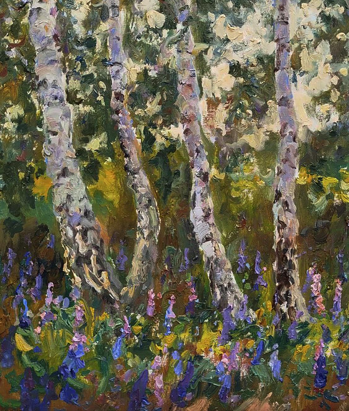 Vibrant oil painting Lupine is blooming by Leonid Pavlenko with birch trees