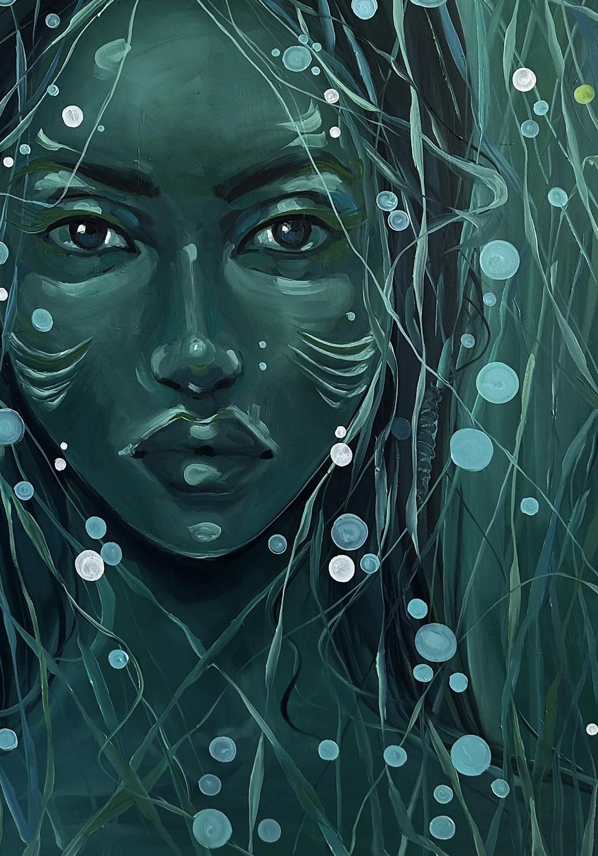 Oil painting of haunting teal-skinned woman with bubbles by Victoria Kagalovska