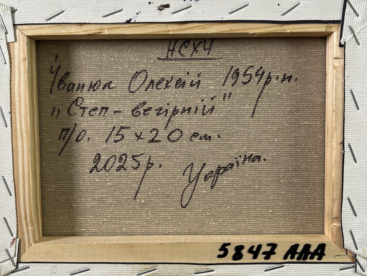 Back of Oleksiy Ivanyuk oil painting Sunset over the meadows with wooden frame and handwritten Cyrillic text on textured canvas