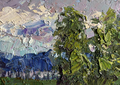 Oil painting Its getting dark by Boris Serdyuk with green foliage and blue purple backdrop