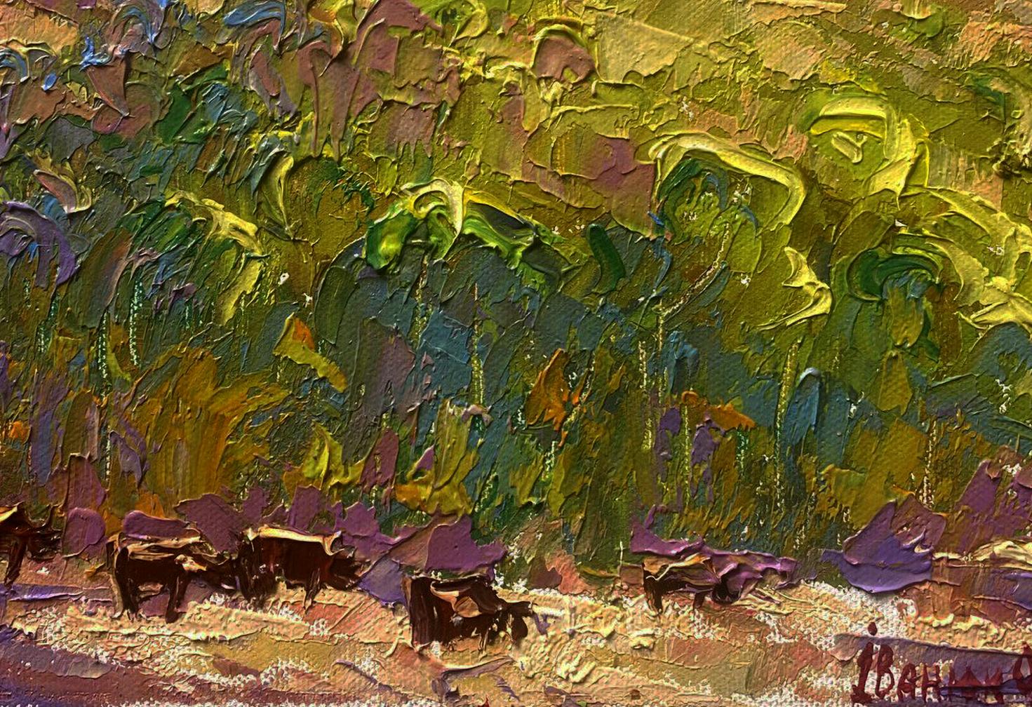 Oil painting by Oleksiy Ivanyuk: cattle grazing on mountain path