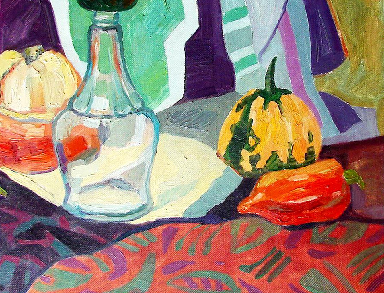 Clear glass bottle on Oil painting Pumpkins and peppers by Tatyana Shulyak