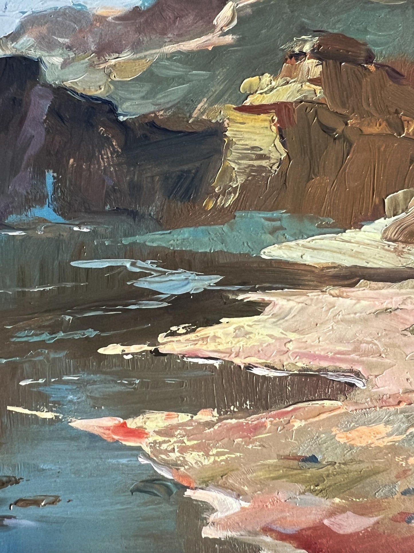 Impressionistic oil painting of coast near mountains by Yuriy Suprunchuk