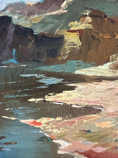 Impressionistic oil painting of coast near mountains by Yuriy Suprunchuk