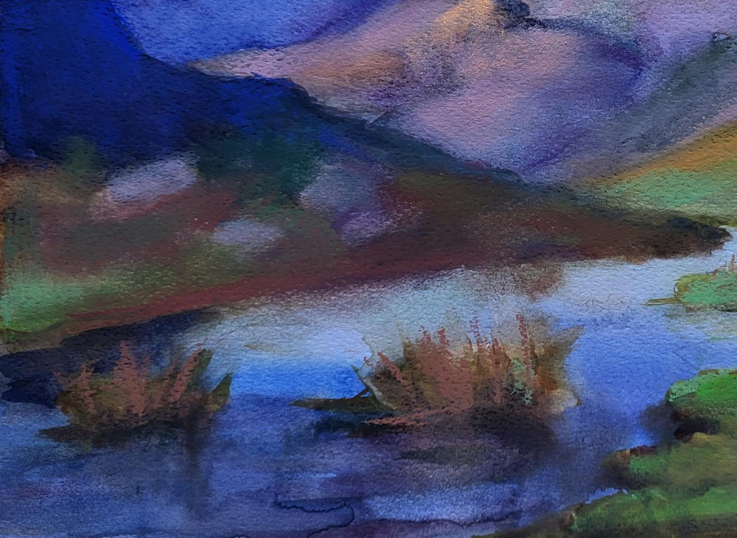 Watercolor painting of tranquil river through hills at twilight by Boris Serdyuk