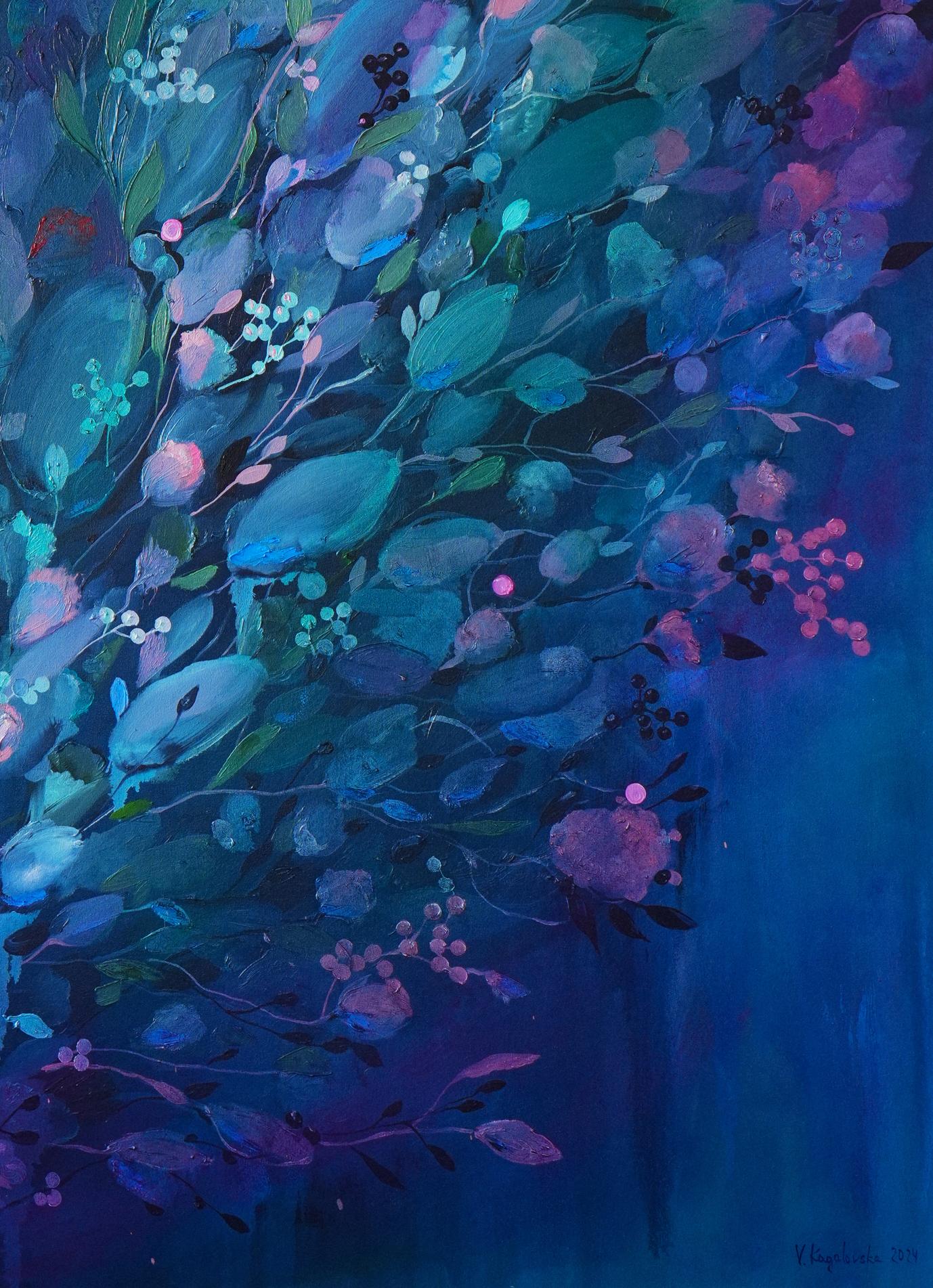 Oil painting Swan by Victoria Kagalovska: teal foliage and pink blossoms