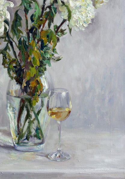 Oil painting Melancholy by Leonid Pavlenko: white hydrangeas in vase