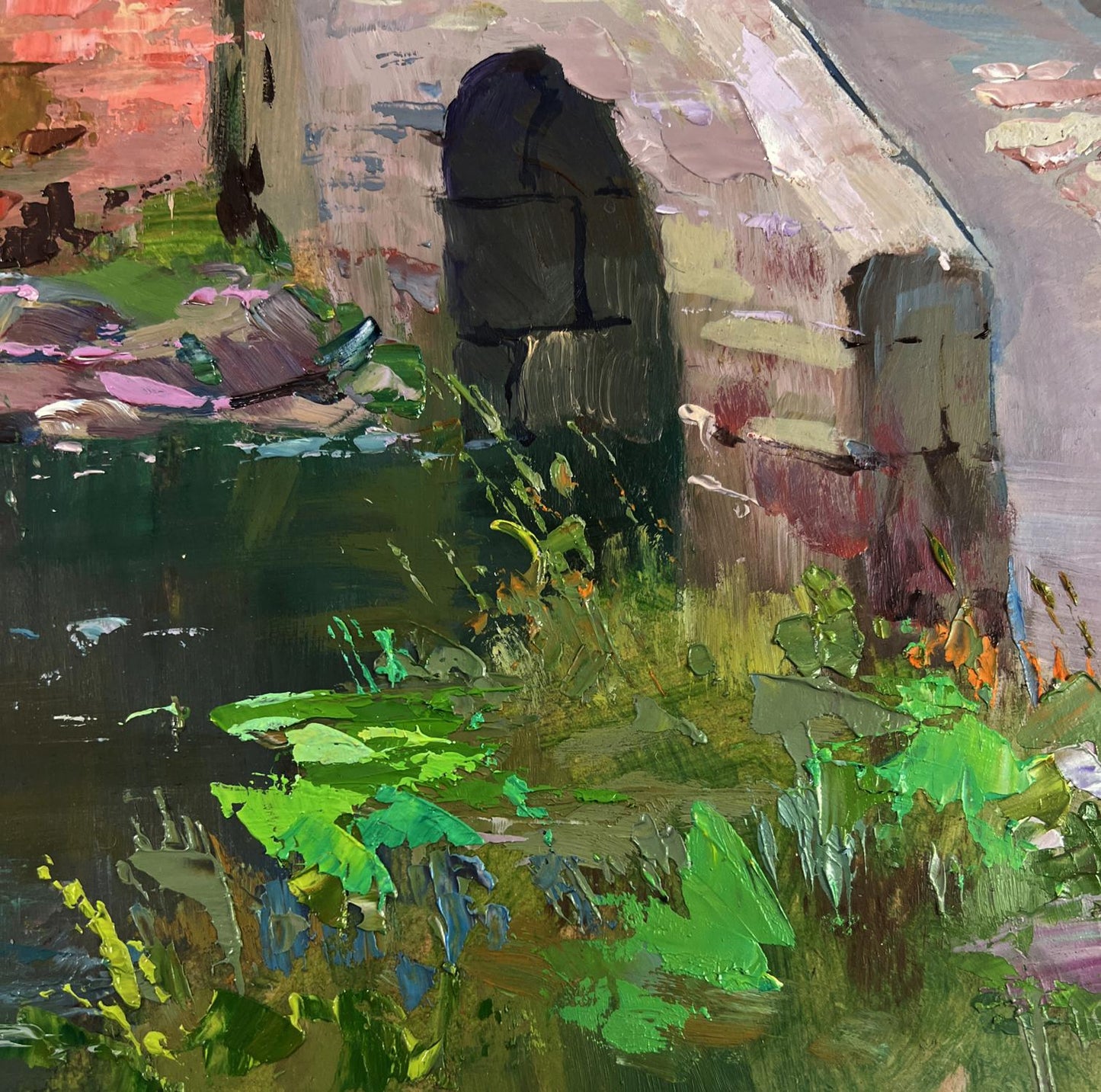 Oil painting of weathered stone bridge to village by Yuriy Suprunchuk